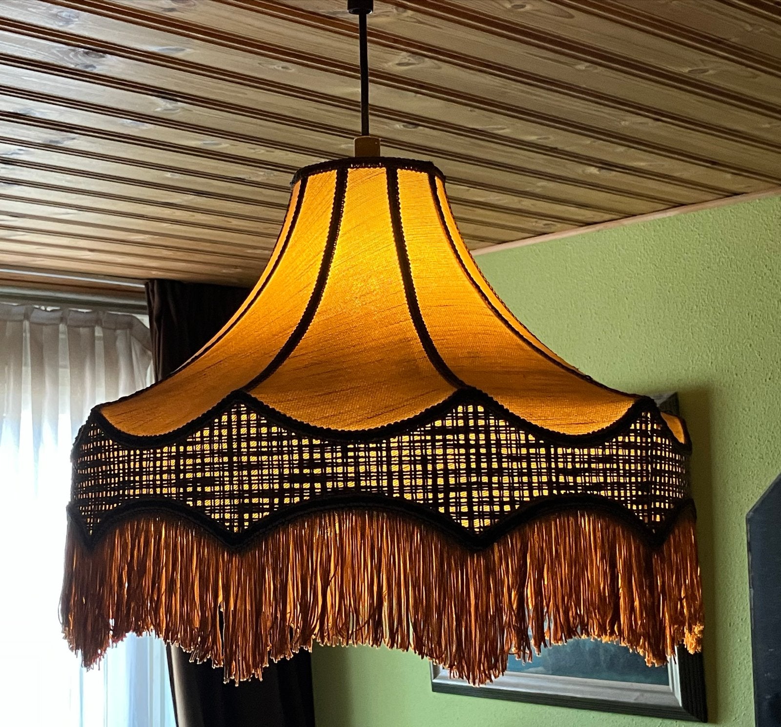 Vintage Hanglamp plafond Jaren '80 - Metalen Frame met Doek, Huis en Inrichting, Lampen | Hanglampen, Ophalen of Verzenden, Zo goed als nieuw