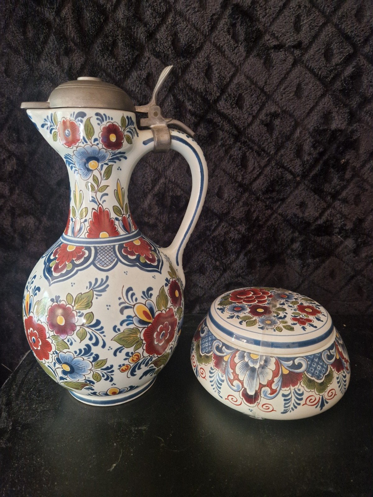 Delfts Blauw Schenkkan met tinnen deksel en bonbonniere, Ophalen of Verzenden