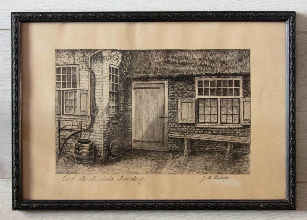 (nr.241) "Oud Brabantsche boerderij" in oude lijst. gesign., Ophalen, Dagelijks leven, Gesigneerd, 21 cm