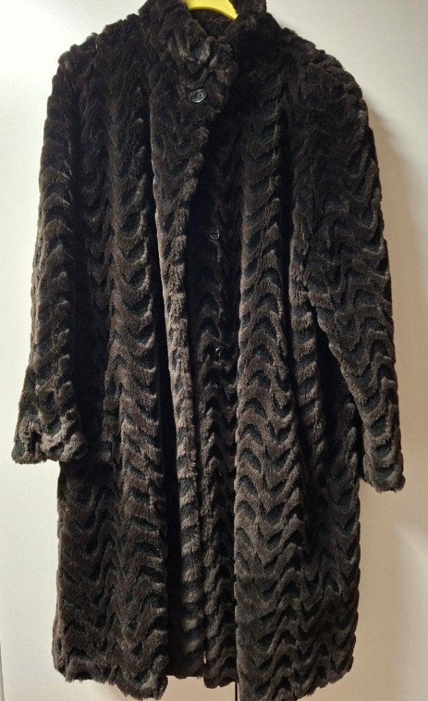 Vintage (imitatie) bontjas Meddens maat 42 Bruin/zwart MOOI, Bruin, Maat 42/44 (L), Meddens, Ophalen of Verzenden