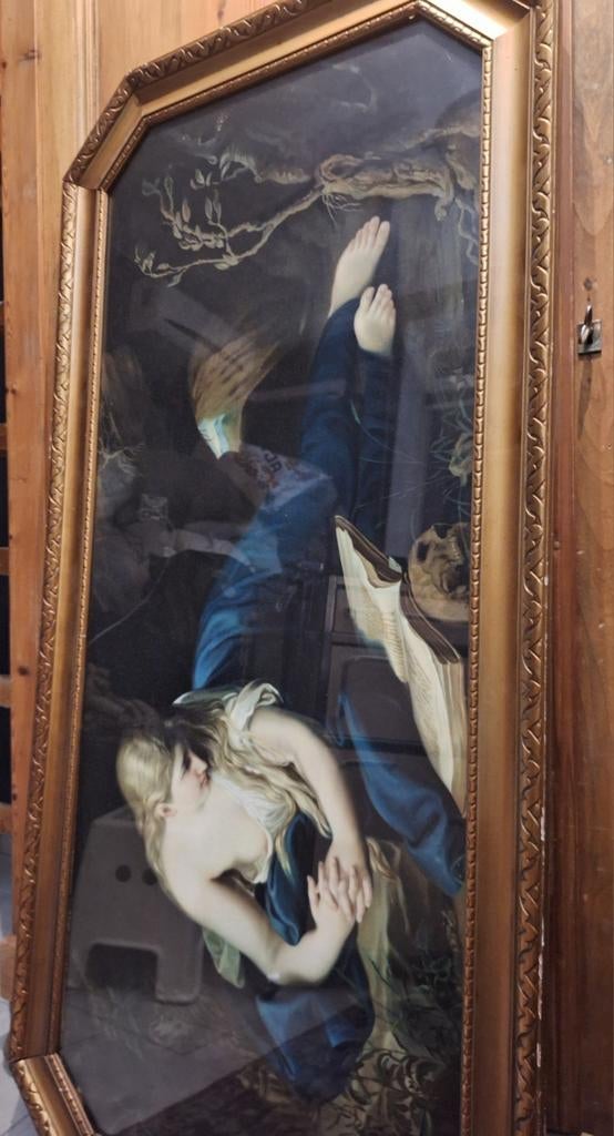 Groot schilderij prent vrouw in grote met boek en doodskop, Ophalen