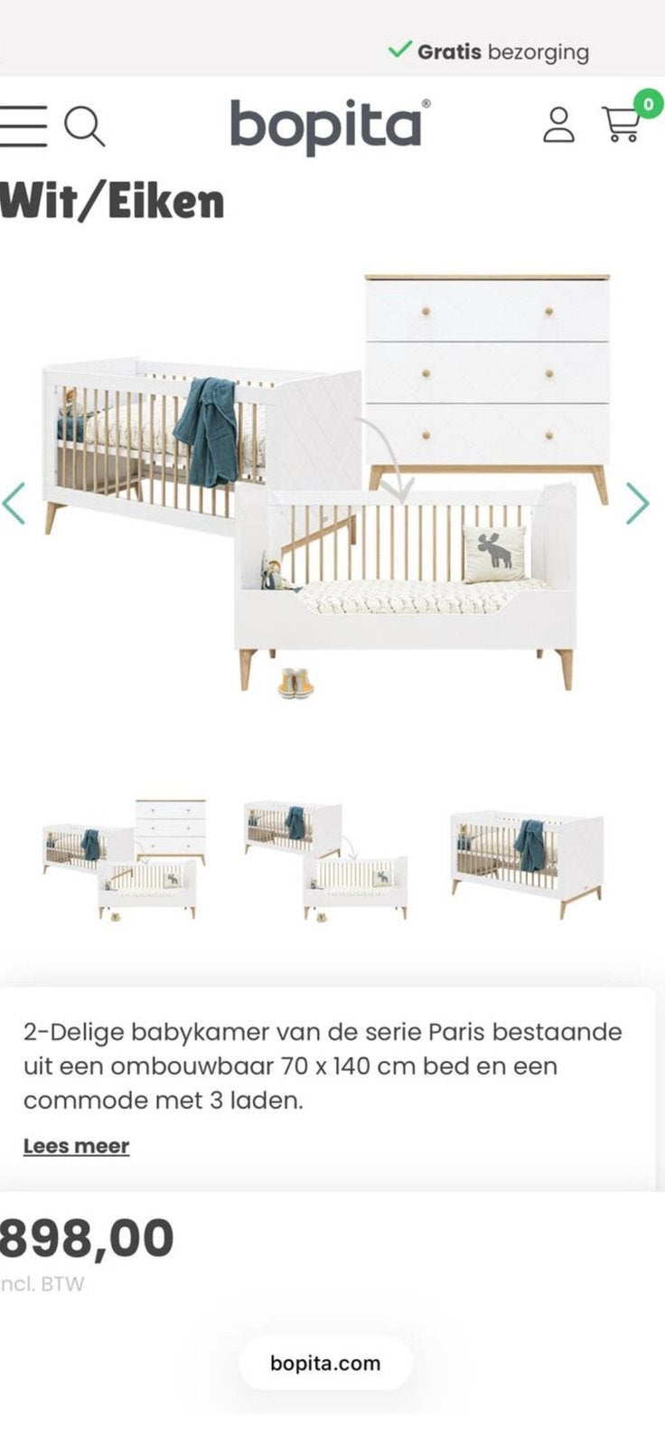 Bopita Paris 2-delig meegroei compleet met matras en kussen, Kinderen en Baby's, Kinderkamer | Complete kinderkamers, Ophalen
