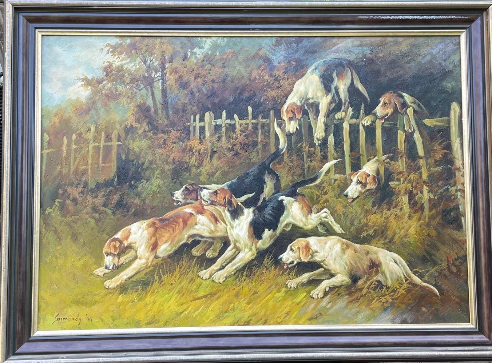 Set van 3 Schilderijen: Jachthonden in Actie, Gesigneerd '04, Doek, Realistisch, Dieren, Ophalen of Verzenden
