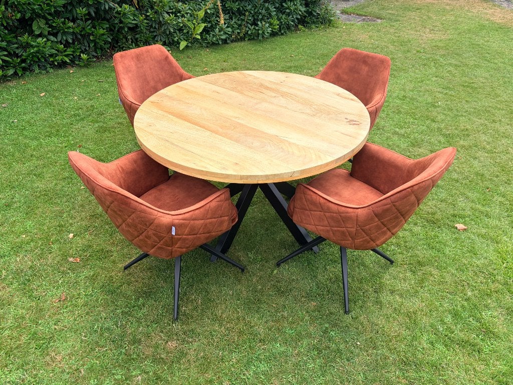 Prachtige ronde mangohouten eettafel 120 cm, 4 draaistoelen, Ophalen, Rond, Zo goed als nieuw, Vier personen