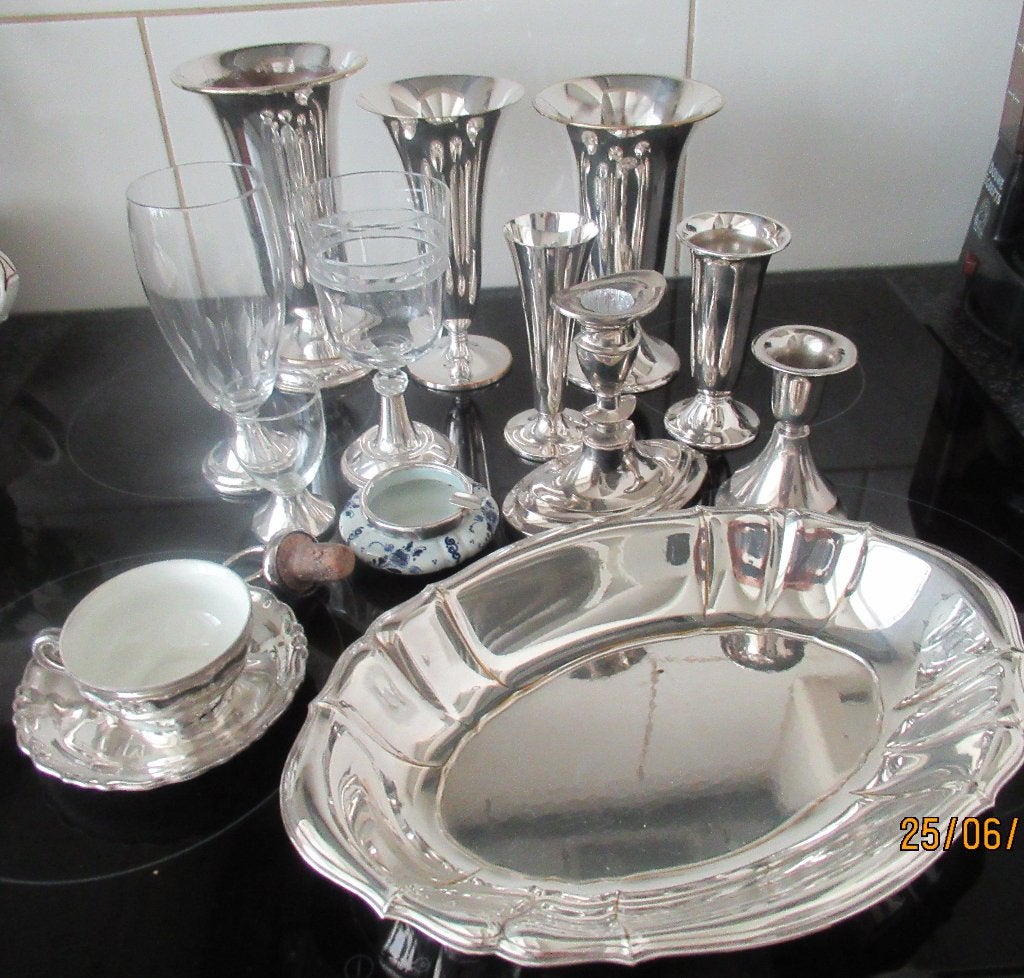 VERZILVERDE KANDELAARS, VAZEN,DIENBLAD, GLAZEN,KOP+ SCHOTEL, Ophalen of Verzenden, Zilver