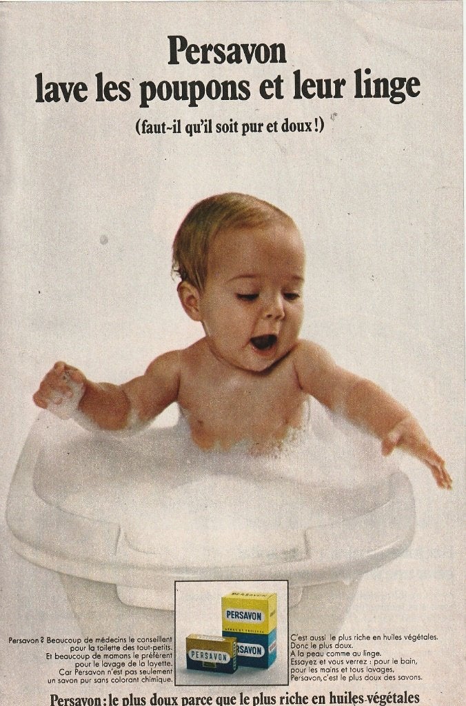 retro reclame 1970 Persavon zeep zacht pook voor baby in bad, Verzenden, Overige typen