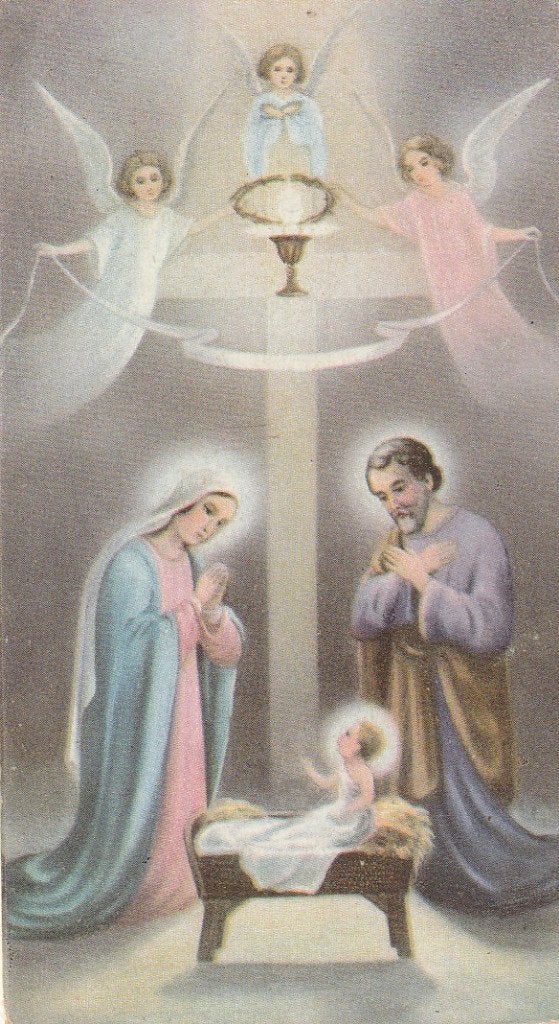 Vintage prentje: Geboorte van Jezus met Engelen, Ophalen of Verzenden, Gebruikt, Kaart of Prent, Christendom | Katholiek