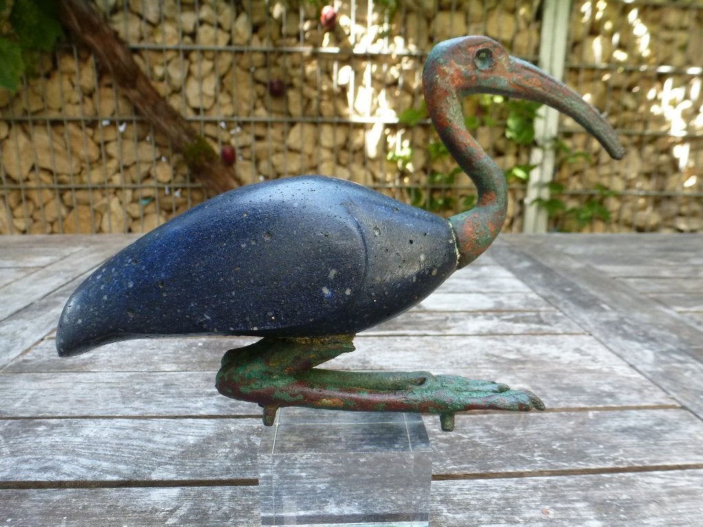 Beeldje van een Egyptische Ptolemaïsche ibis, glas en brons, Verzenden, Brons
