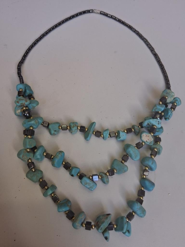 Turquoise en Hematiet Kralenketting uit India, Sieraden, Tassen en Uiterlijk, Kettingen, Gebruikt, Blauw, Ophalen of Verzenden