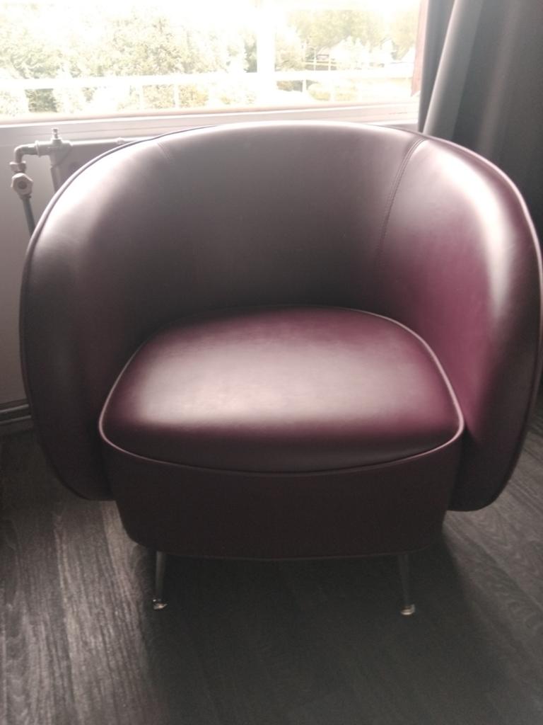 Giulio Marelli fauteuil - Paars leer, Huis en Inrichting, Stoelen, Gebruikt, Eén, Leer, Metaal, Overige kleuren, Ophalen