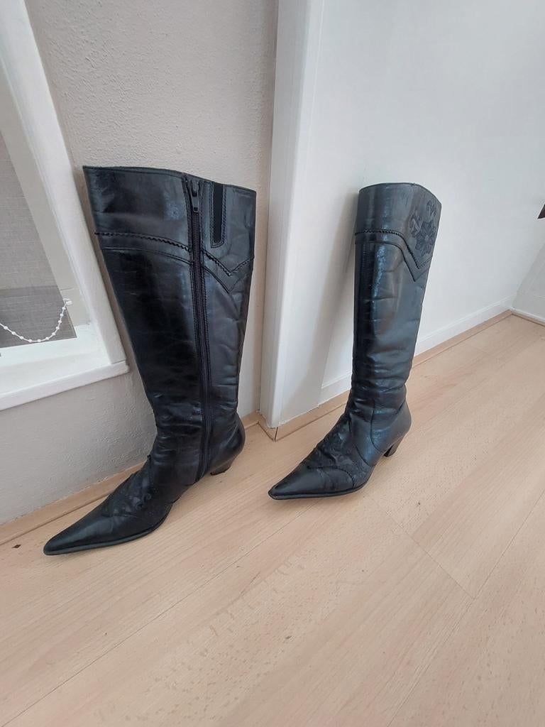 Zwarte leren laarzen met puntige neus en borduursel, Ophalen of Verzenden, Gedragen, Zwart, Hoge laarzen