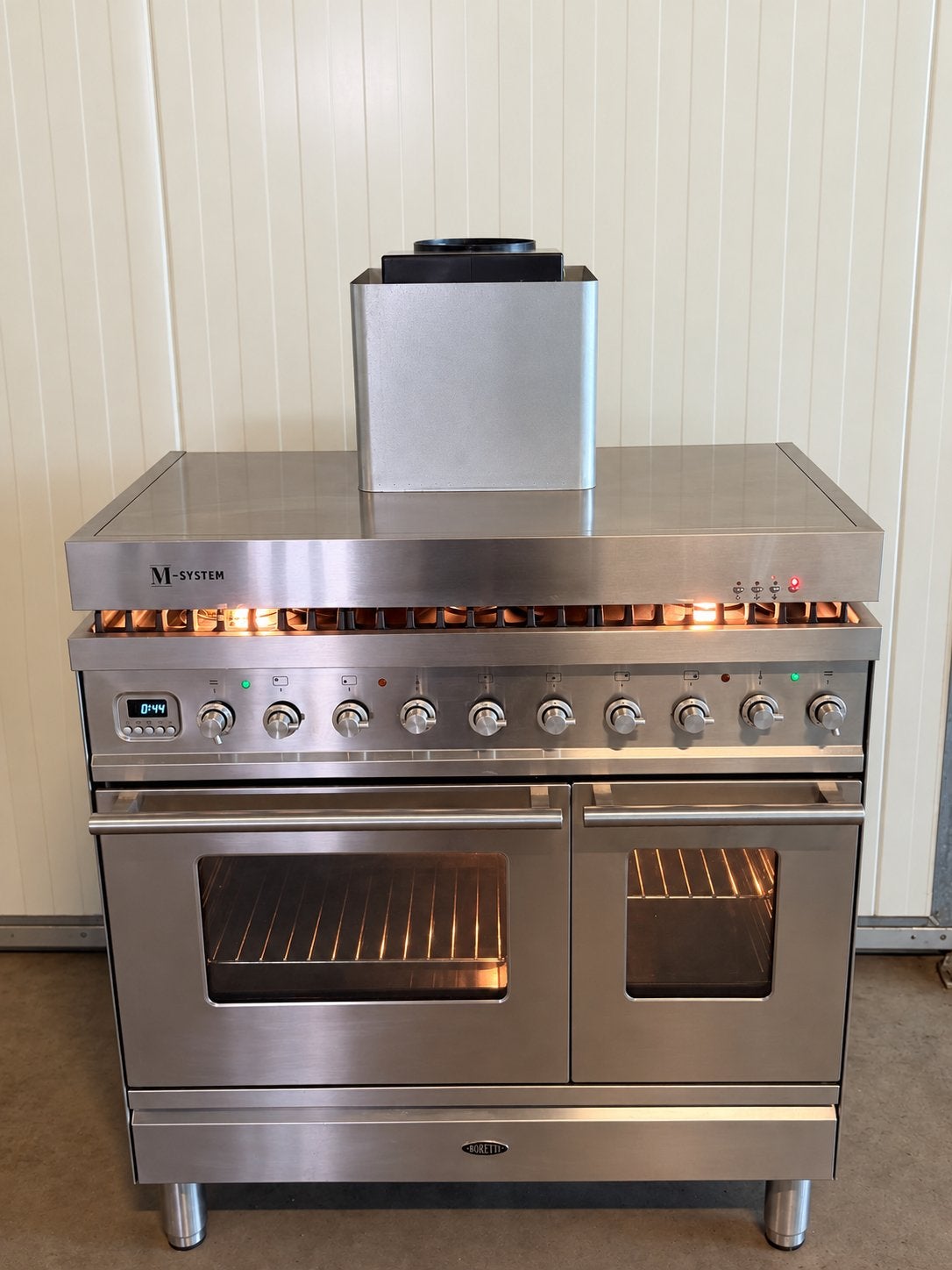 Luxe Boretti RVS 6-pits fornuis incl. afzuigkap – 90 cm, 60 cm of meer, Ophalen of Verzenden, Zo goed als nieuw, Gas