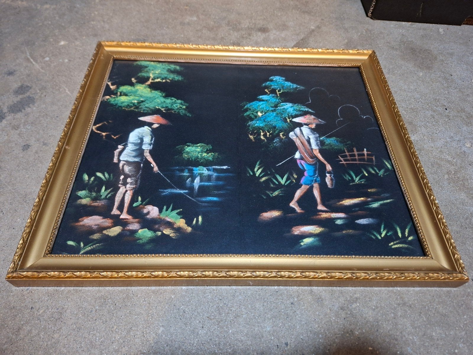 Vintage fluwelen schilderij Aziatische vissers/landarbeiders, Ophalen of Verzenden