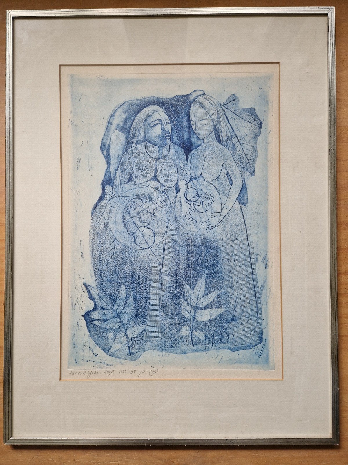 Ets Hannah Yakin, twee zwangere vrouwen, Antiek en Kunst, Kunst | Litho's en Zeefdrukken, Ophalen