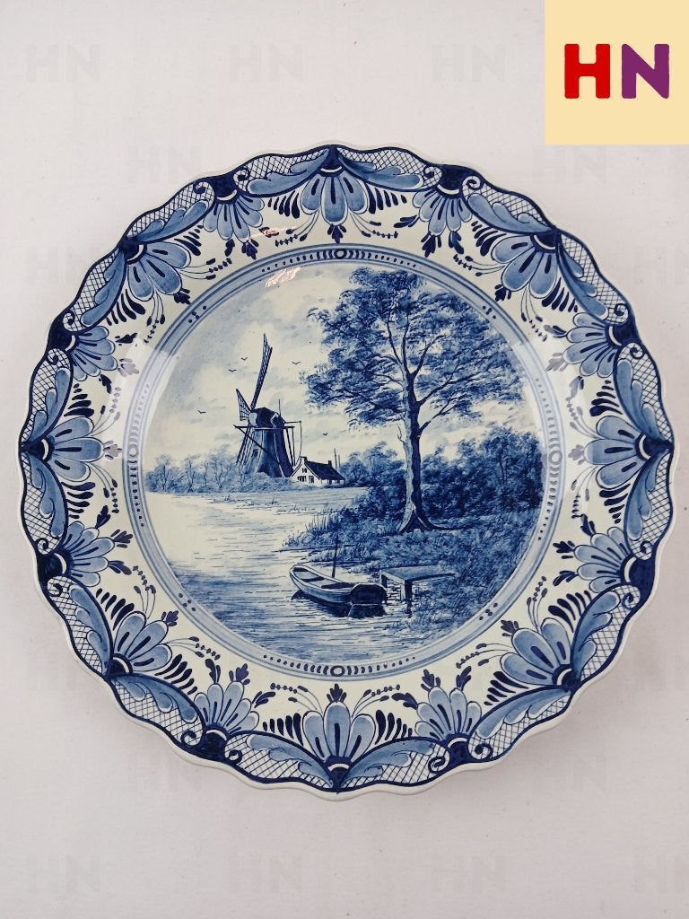 Antiek Delfts Blauw wandbord met molen landschap, Ophalen of Verzenden