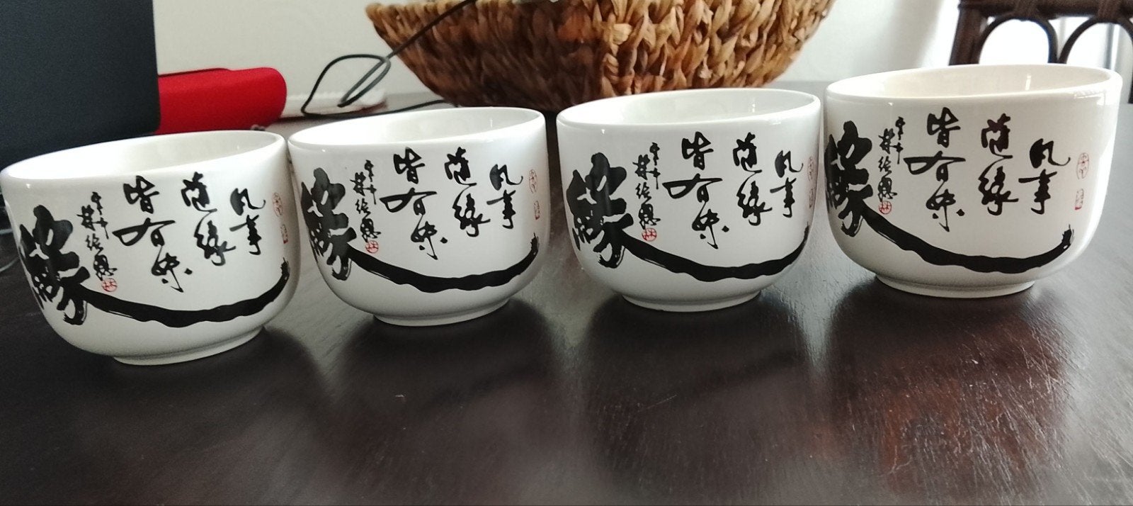 Leuk decoratie-setje Japanse theekommetjes met tekst, Aziatisch, Overige merken, Ophalen of Verzenden, Zo goed als nieuw
