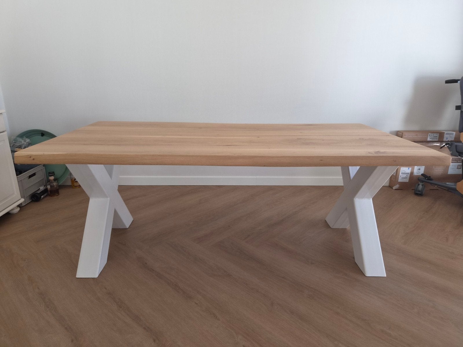 Boomstam eettafel  200x100cm met metalen X poten, Gebruikt, 100 tot 150 cm, Vijf personen of meer, 150 tot 200 cm