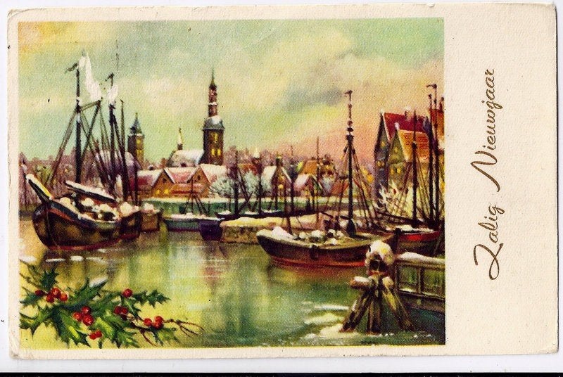 B34 gelopen oude kerstkaart zalig nieuwjaar, Ophalen of Verzenden, 1960 tot 1980, Gelopen, Feest(dag)
