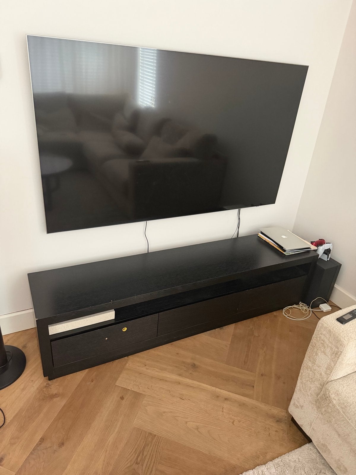 Atlas wonenZwart TV-meubel met lades en open vakken, Ophalen, Gebruikt, 150 tot 200 cm, Minder dan 100 cm