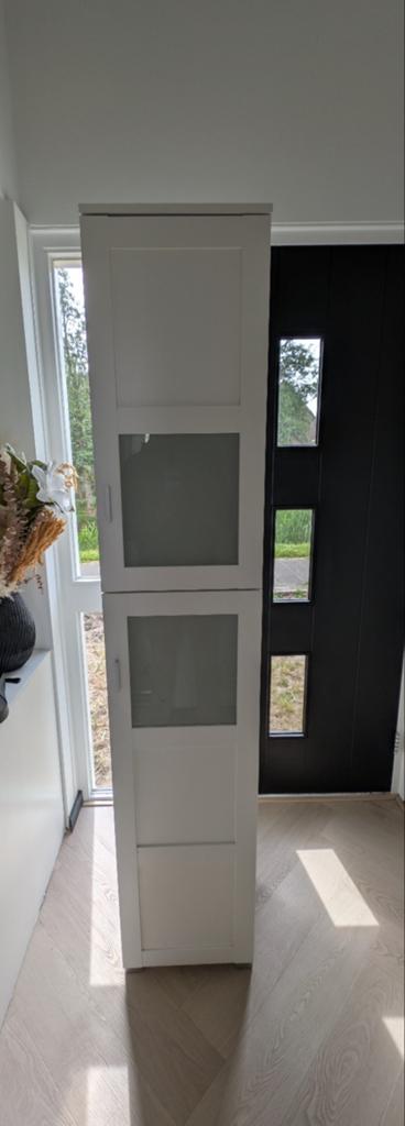 Witte smalle kast met deuren en planken, 190x37x35 cm, Minder dan 50 cm, Modern, functioneel, Glas, Ophalen of Verzenden