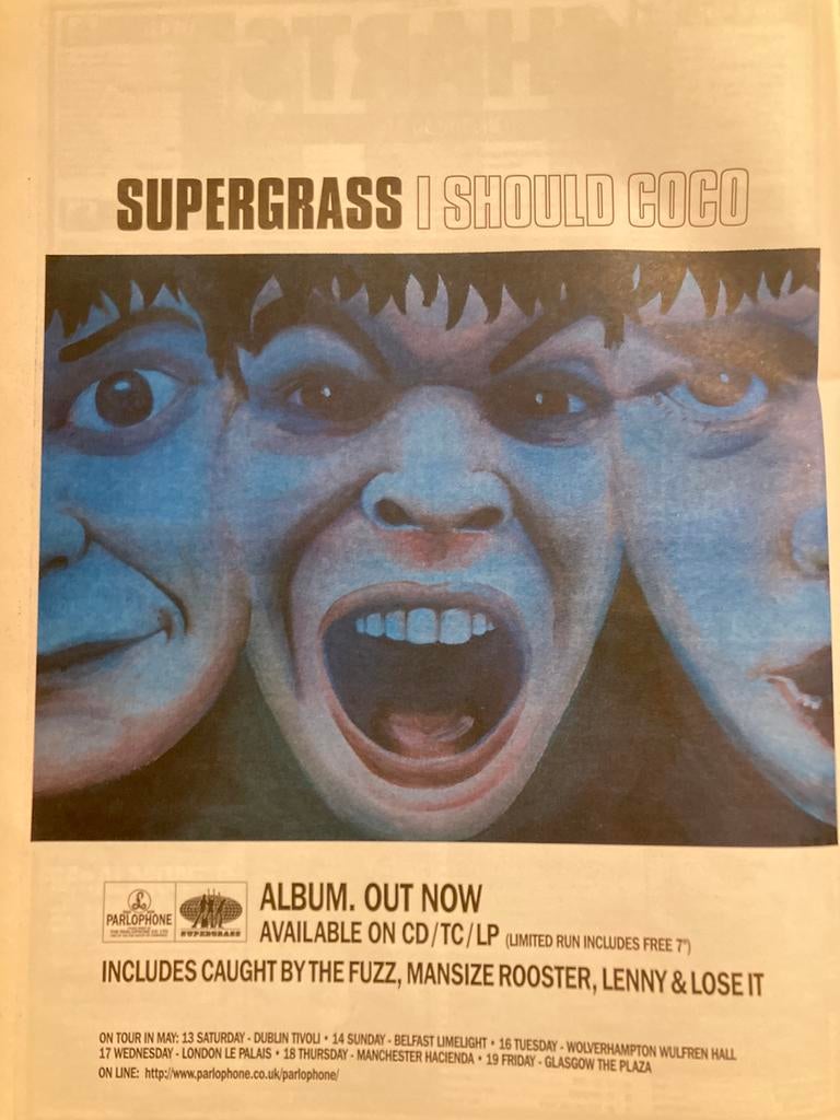 Paginagrote A3 advertentie SUPERGRASS I Should Coco tour, Ophalen of Verzenden, Zo goed als nieuw