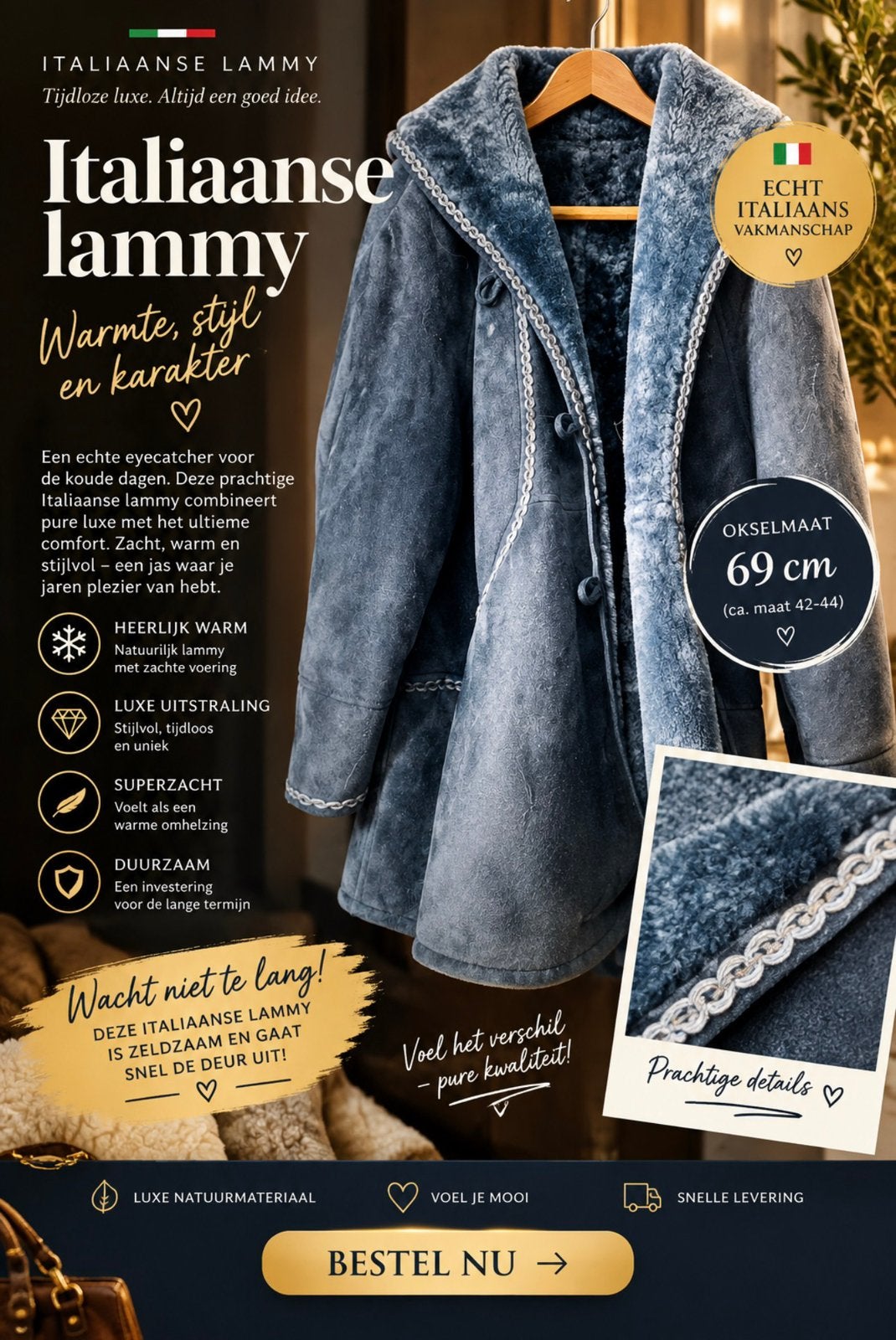 Italiaanse lammy - jeansblauw van Ugo Cardi Per Fagi, Ophalen of Verzenden, Gedragen, Maat 42/44 (L), Blauw
