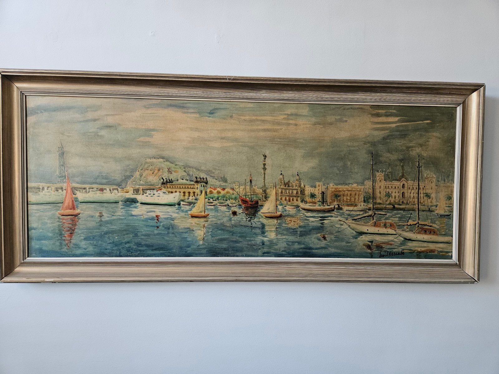 Schilderij David Mercadé: zicht op oude haven Barcelona, Antiek en Kunst, Impressionistisch, Ophalen of Verzenden, Aquarel, Origineel werk