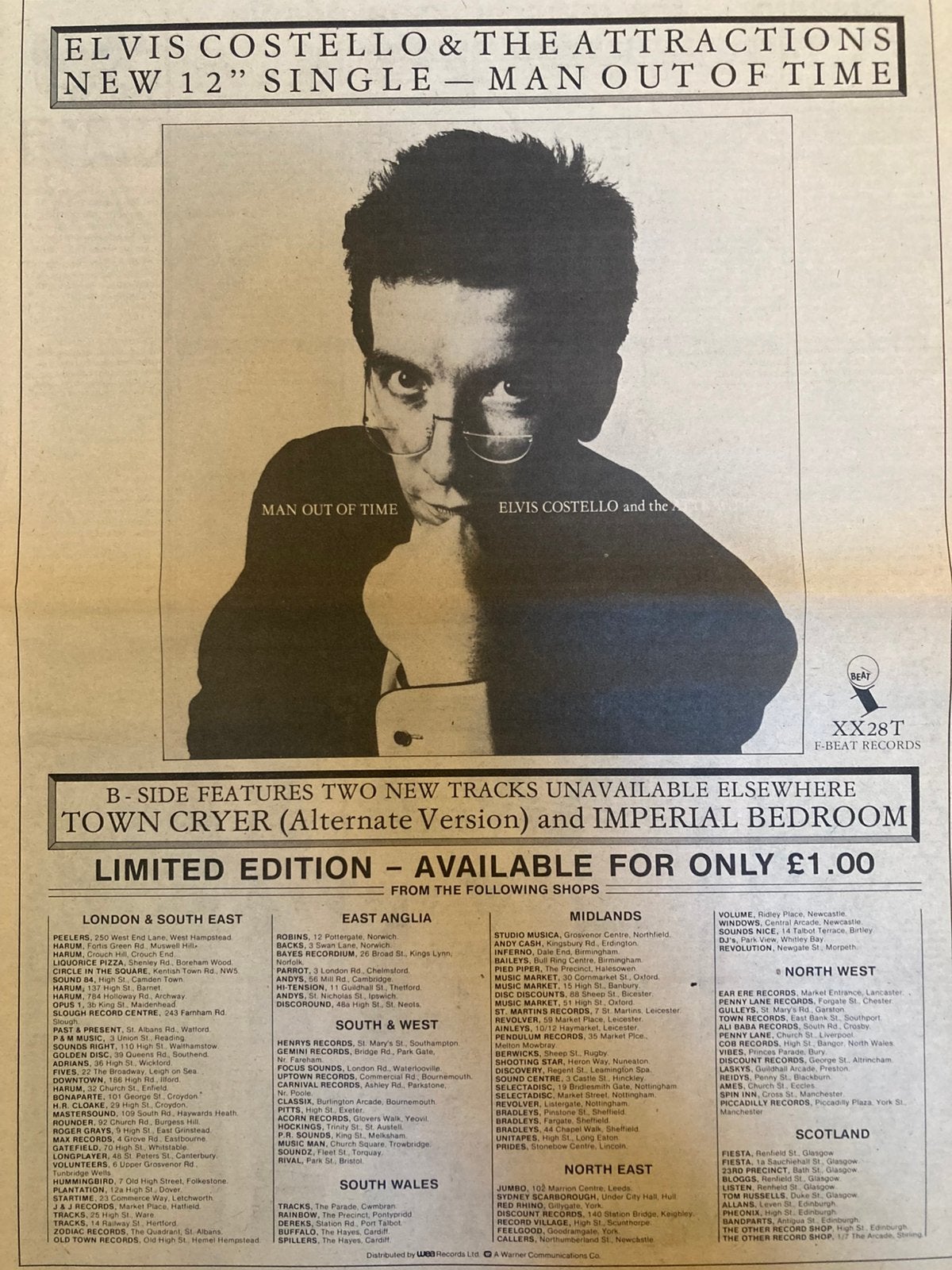 ELVIS COSTELLO Man Out Of Time A3 advertentie, Ophalen of Verzenden