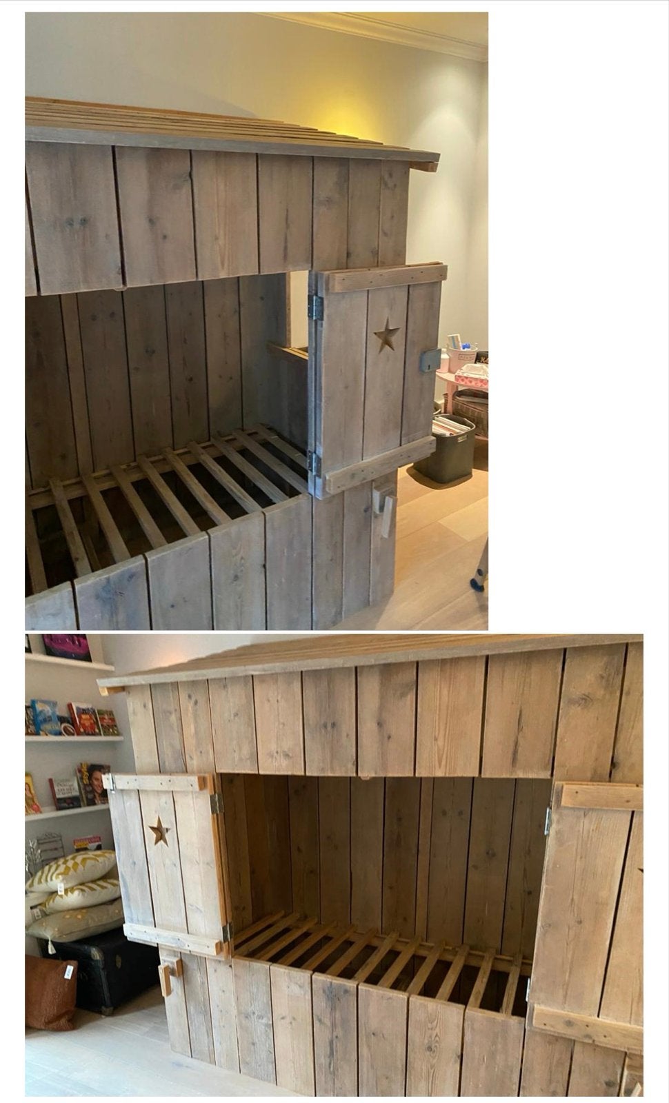 Eenpersoonsbed huisje van steigerhout met lades en trapje, Ophalen, Gebruikt, Eenpersoons, Bruin
