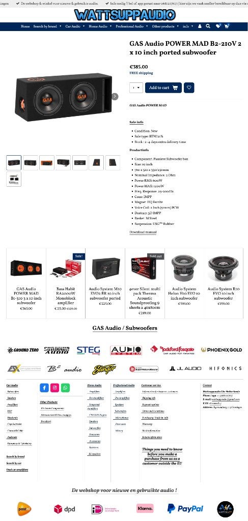 GAS Audio POWER MAD B2-210V 2 x 10 inch gepoorte subwoofer, Info@optimount.nl, Nieuw, Ophalen of Verzenden, Anholtseweg 48A 7091 HB DINXPERLO