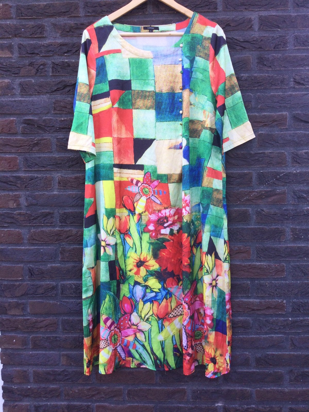 Jurk gekleurd  bloemen rood groen geel blauw Floryday maat L, Meerkleurig, Maat 42/44 (L), Ophalen of Verzenden, Zo goed als nieuw