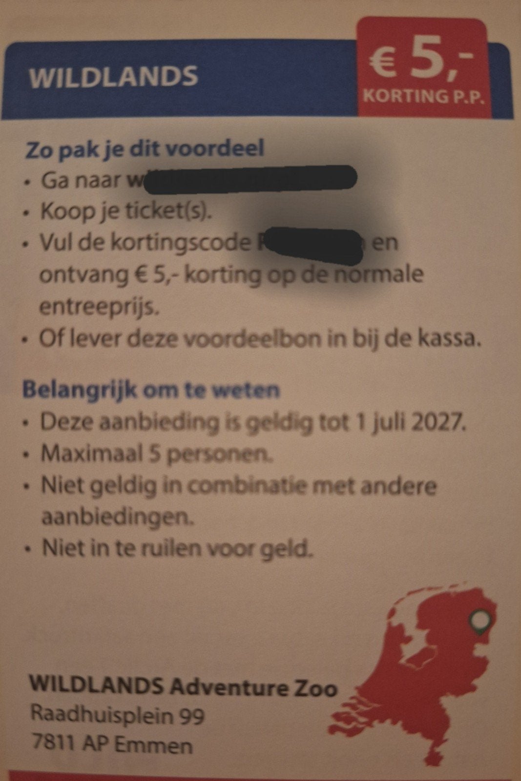 Wildlands 5 euro korting pp, Drie personen of meer, Kortingskaart