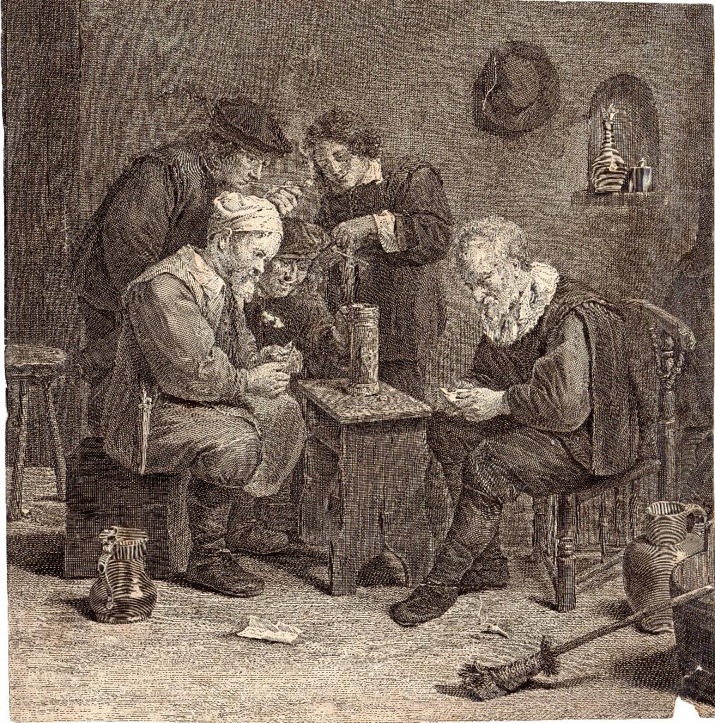 gravure mannen spelen kaart rond tafel n. Teniers 19e eeuw, Dagelijks leven, Verzenden, Gravure, Origineel