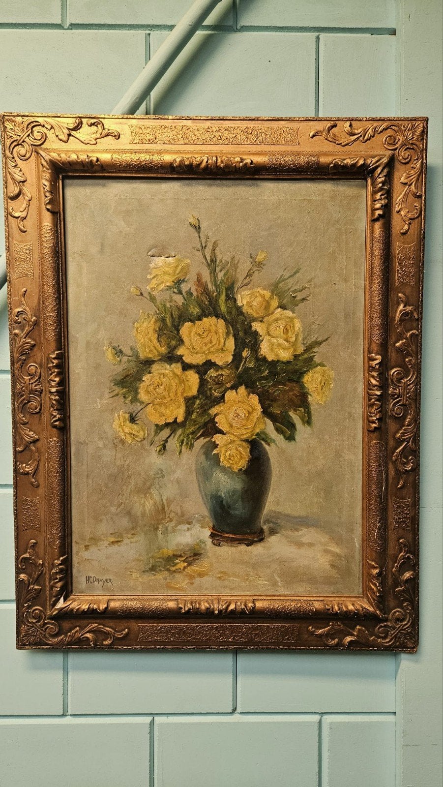 Schilderij met gele rozen in barok lijst, Ophalen