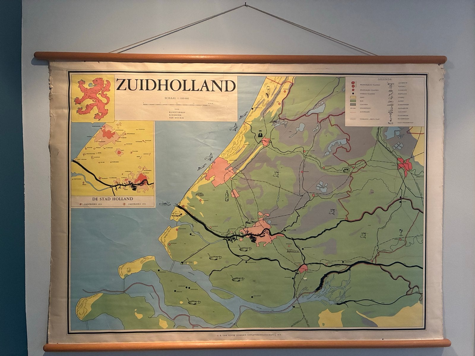 Vintage Schoolkaart Zuid-Holland - De Stad Holland, Boeken, Landkaart, 1800 tot 2000, Nederland, Ophalen