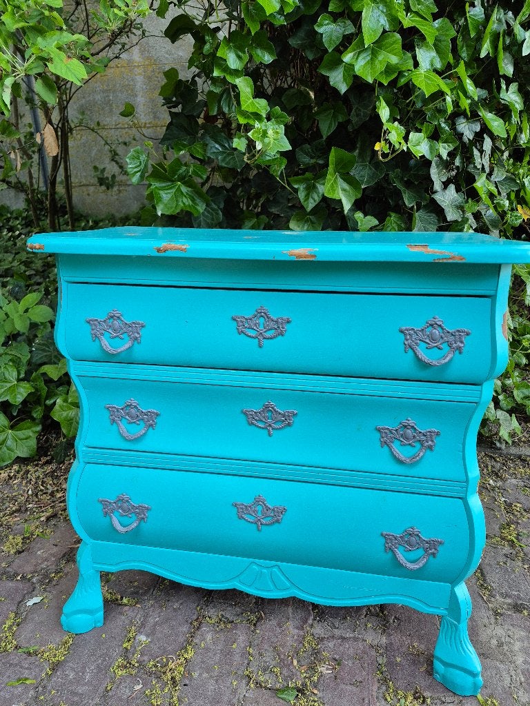 vintage buikkastje/ladekastje met sierlijke handgrepen, Ophalen, Gebruikt, 50 tot 100 cm, 3 of 4 laden