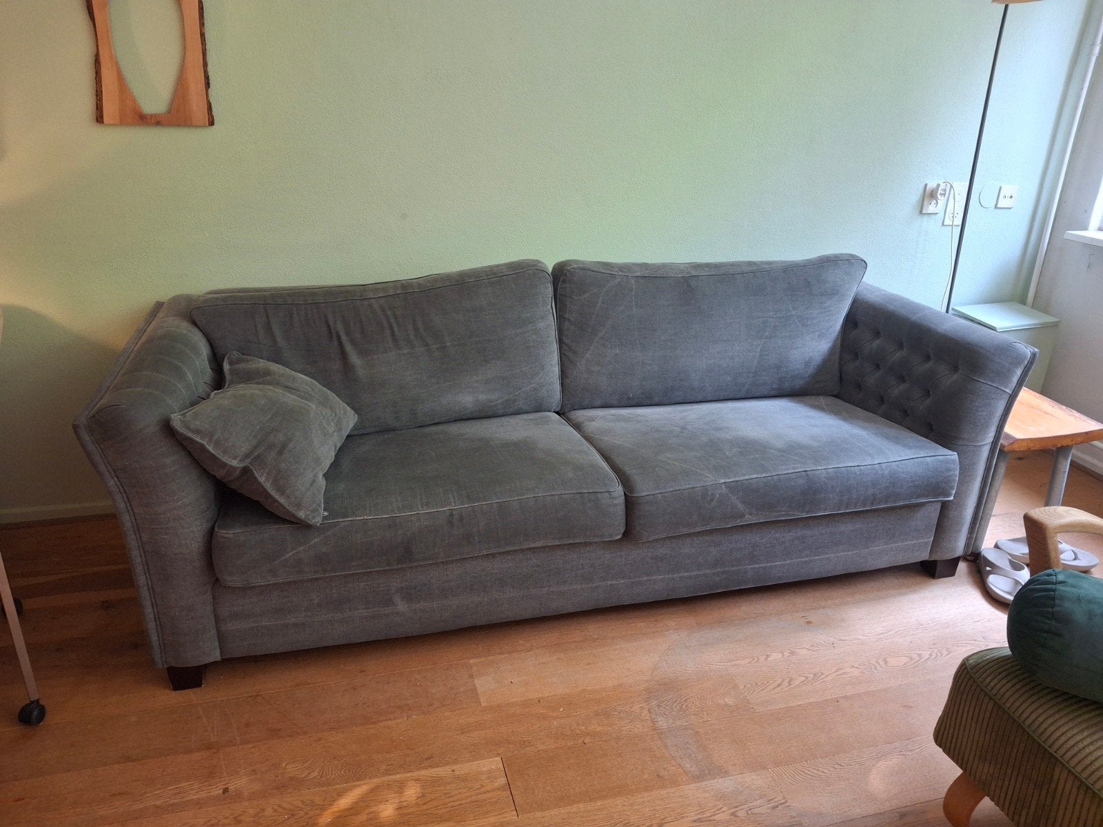 Comfortabele bank, grijs spijkerstof, 225x90 cm, Huis en Inrichting, Ophalen, Gebruikt, Driepersoons, 75 tot 100 cm