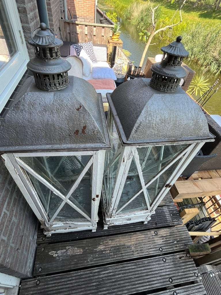 Twee windlichten, kaarsenhouders, tuin, groot formaat, Ophalen, Windlicht, Gebruikt, Wit