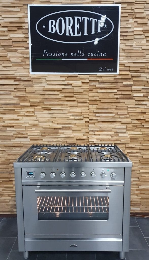 Luxe Boretti Fornuis 90cm rvs + rvs  1 grote oven 6 pits, Niet ingevuld, 60 cm of meer, Niet ingevuld, Ophalen of Verzenden