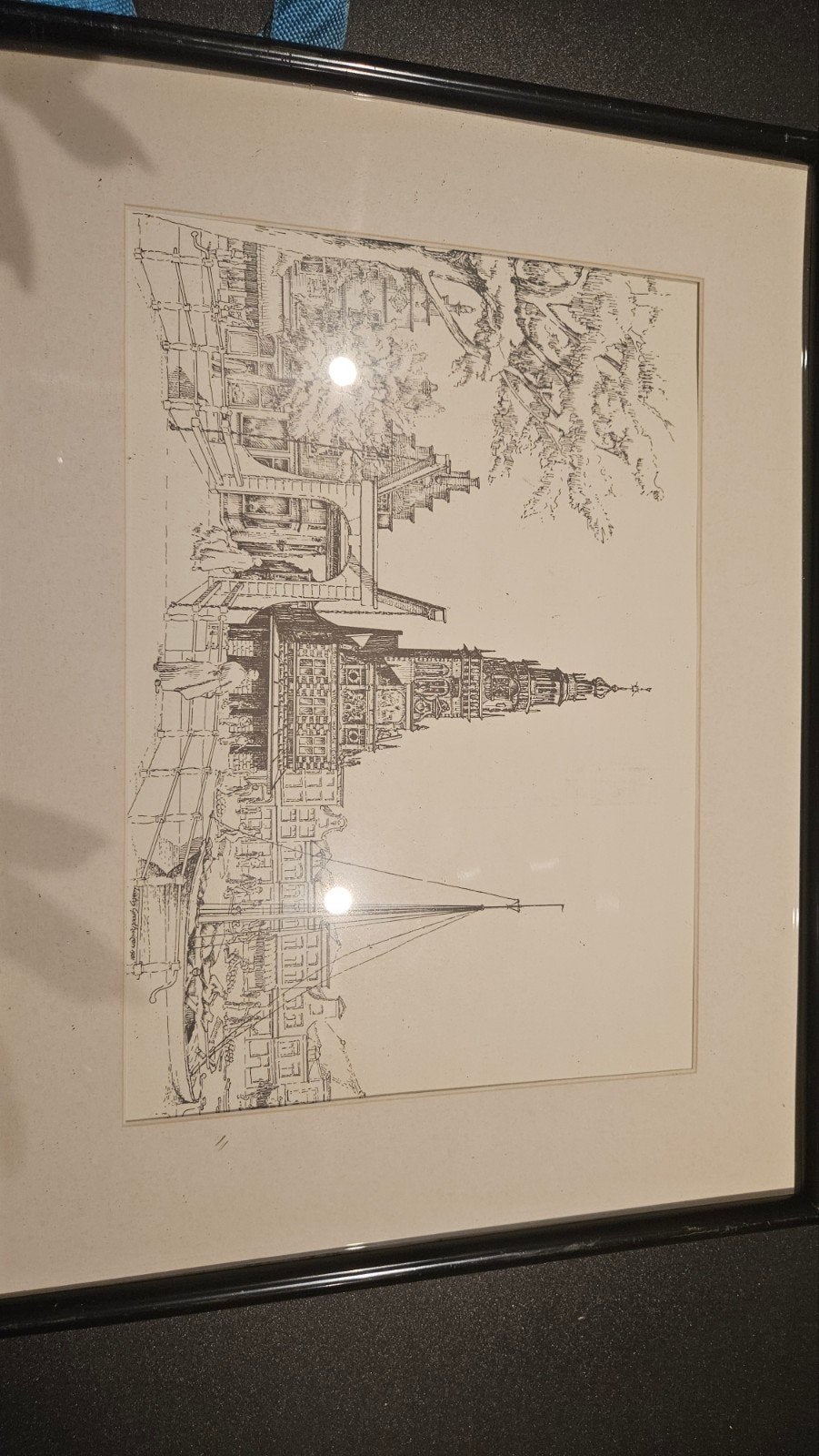 Ingelijste pentekening van stadsgezicht, gesigneerd, Antiek en Kunst, Ophalen of Verzenden, Tekening, Pentekening, Gesigneerd