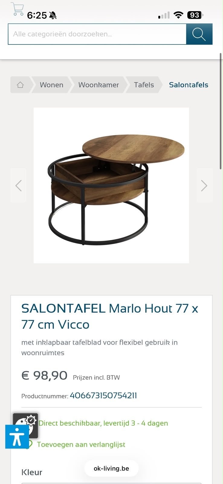 Nieuwe SALONTAFEL Marlo Hout 77 cm Vicco - In hoogte verstel, 50 – 75, Rond, Nieuw, Overige houtsoorten