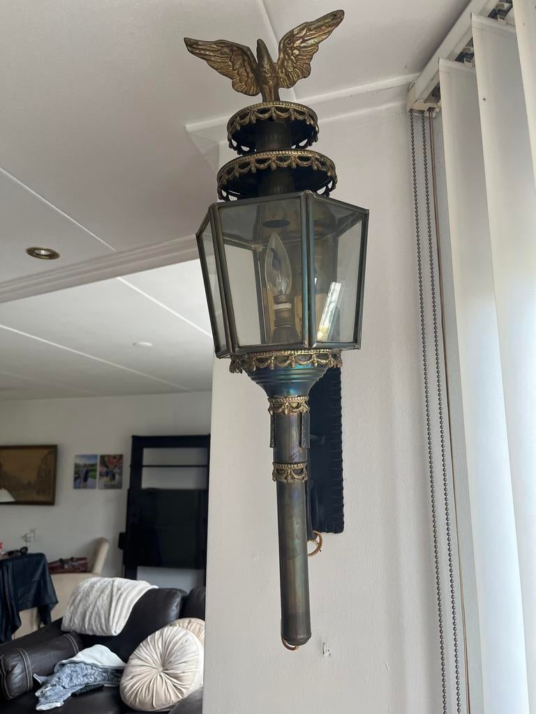Antieke koperen koetslamp met adelaar, Antiek en Kunst, Ophalen of Verzenden