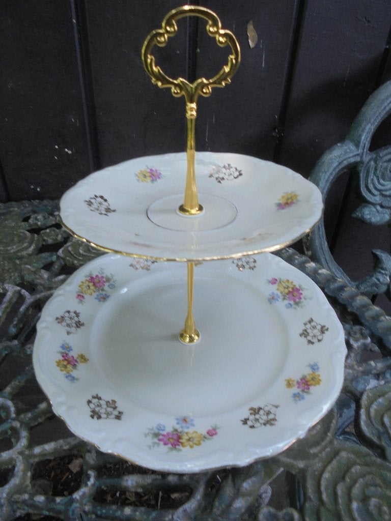 2 laags Etagere Kronester Bavaria roze/geel/blauw bloemetje, Ophalen of Verzenden
