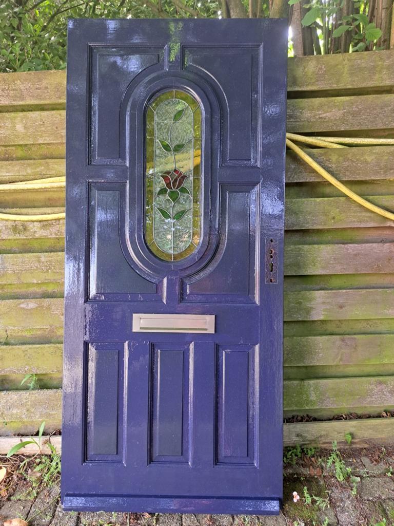 Hardhouten voordeur met glas in lood, Doe-het-zelf en Verbouw, Deuren en Horren, Ophalen, Gebruikt, 200 tot 215 cm, Glas
