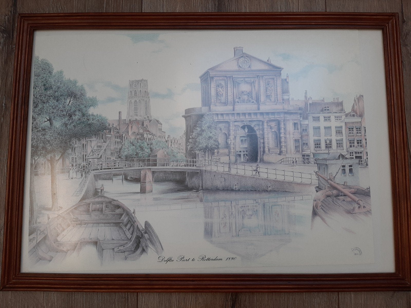 Delftse Poort te Rotterdam (A. Visser), Ophalen of Verzenden, Reproductie, Pasteltekening, Ingelijst