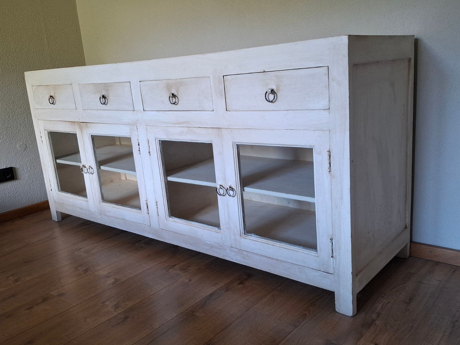 Landelijke dressoir met lades en glazen deuren, Huis en Inrichting, Ophalen, Gebruikt, Met lade(s), 200 cm of meer
