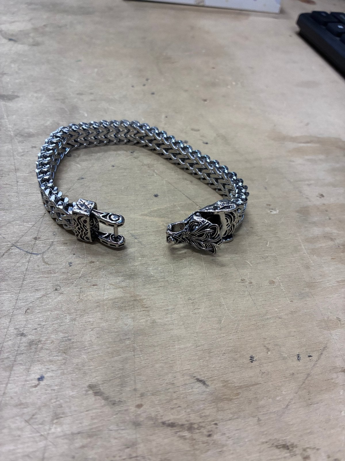 Viking armband met wolfskoppen - Roestvrij staal, Staal, Ophalen of Verzenden, Zo goed als nieuw, Zilver