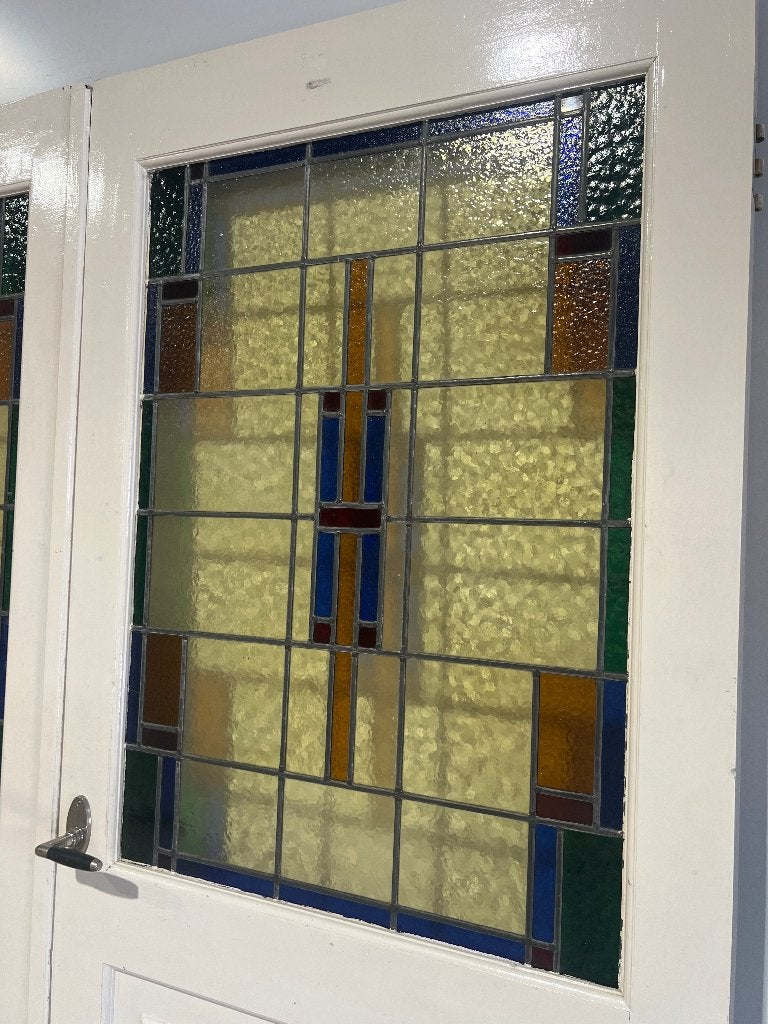 Oude ensuite vouw - klap deuren met glas in lood, Gebruikt, 120 cm of meer, Binnendeur, Ophalen of Verzenden