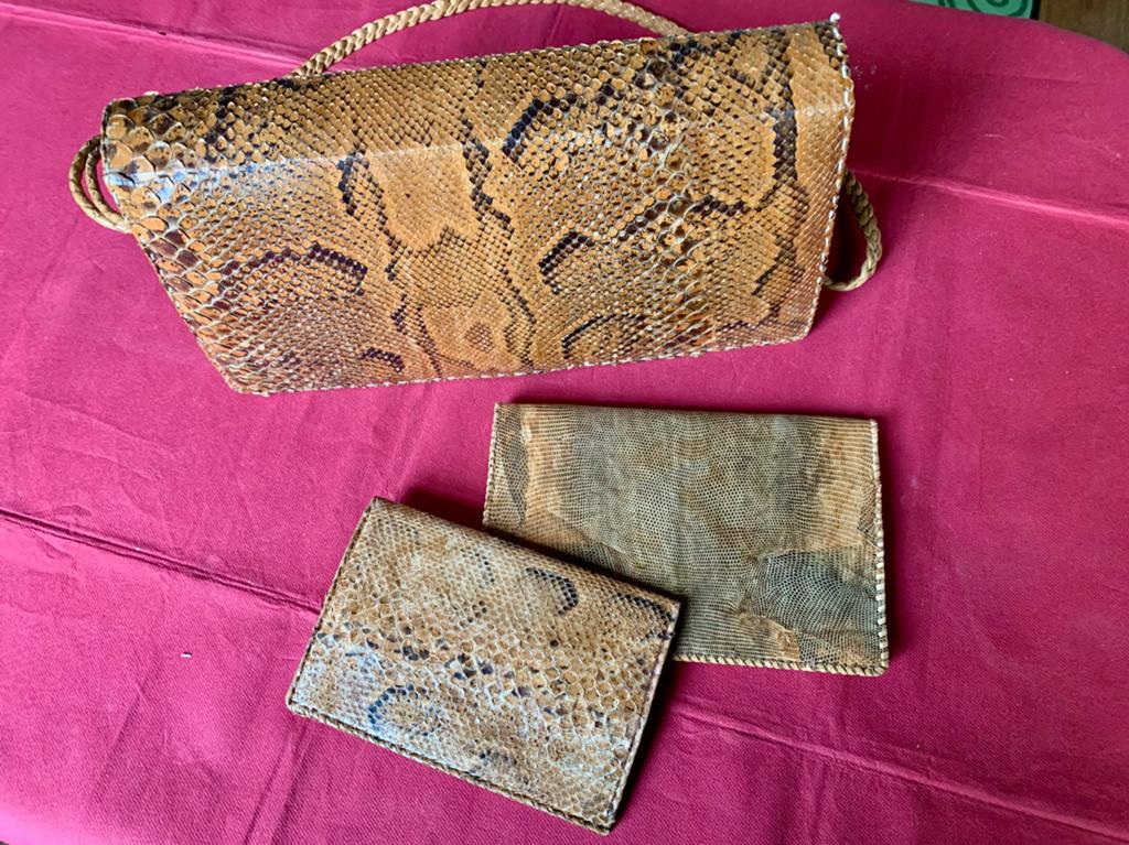 Vintage Leren Avondtas (Slangenleer) met Portemonnee & Mapje, Ophalen of Verzenden, Zo goed als nieuw, Bruin, Avondtasje