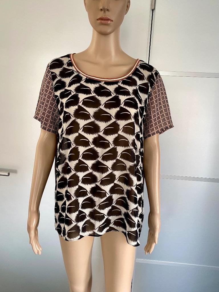 J342 Maison Scotch maat M=38/40 blouse top wit/zwart/bruin, Maat 38/40 (M), Wit, Zo goed als nieuw, Maison Scotch